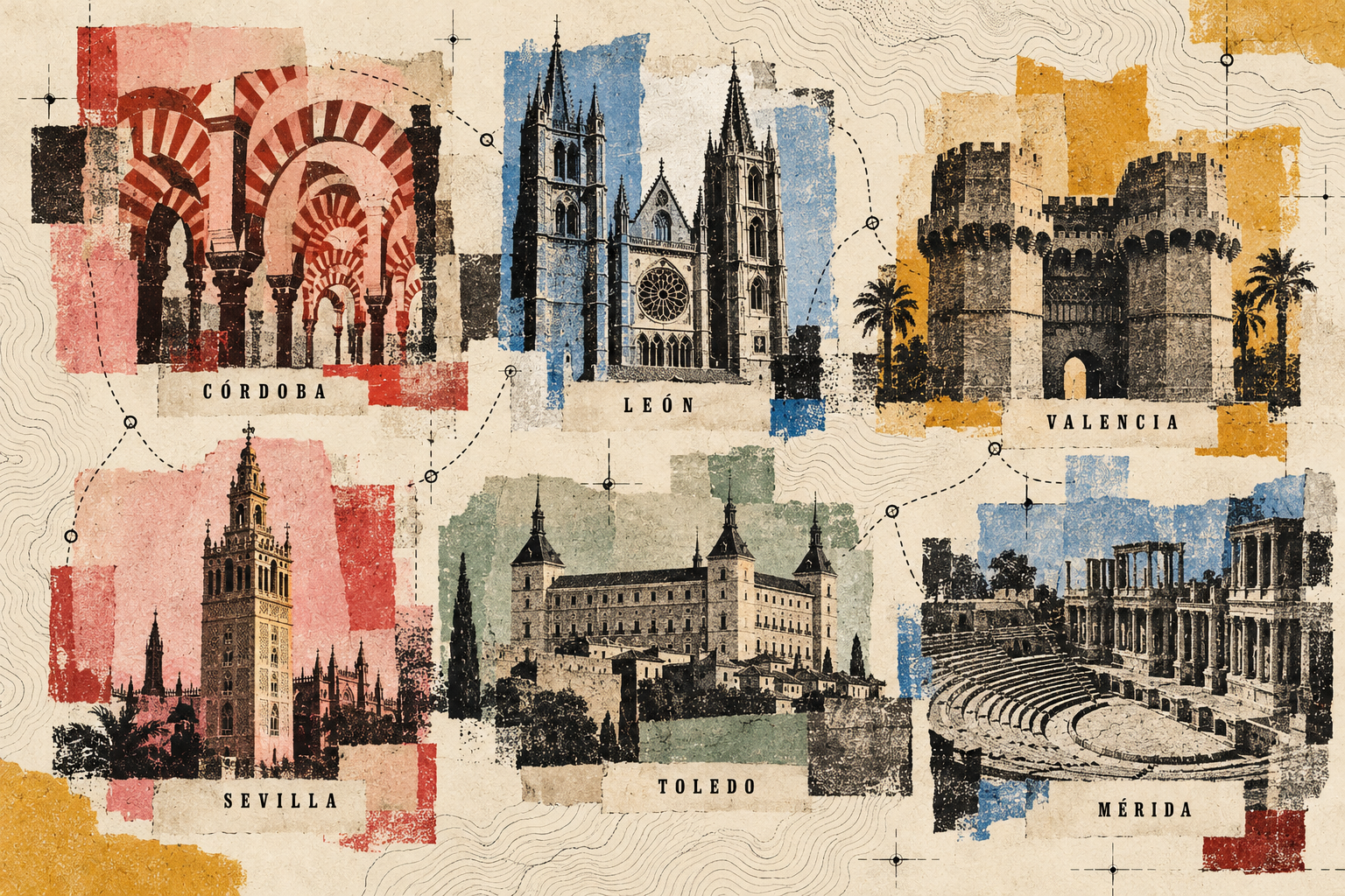 Lámina de imprenta con motivos arquitectónicos de Córdoba, León, Valencia, Sevilla, Toledo y Mérida, conectados por trazos cartográficos sobre papel crema. Ilustración sin escala estadística.